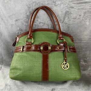 Kim Rogers Green Woven Straw Raffia Bag With‎ Brown Leather Trim Brass Hardware